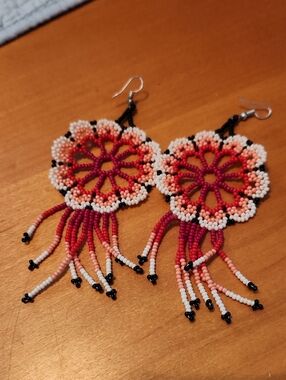 Handmade Pink and Coral Seed Bead Flower Fringe Earrings
